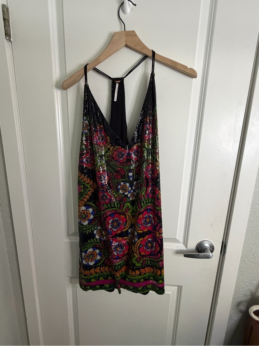 Free People Black Sequin Slip Dress with Multicolor Floral Embellishment